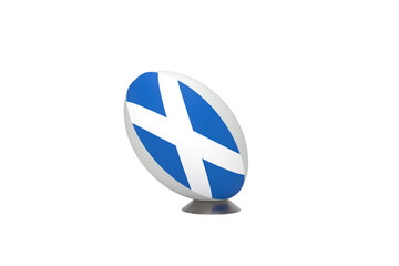 Rugby ball with the national flag of Scotland on a kicking tee studio background