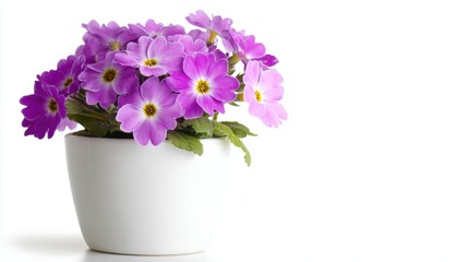 A vibrant bouquet of purple flowers in a simple white pot, ideal for enhancing home decor, gardening-related content, or floral arrangements in marketing materials,