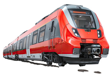 Fototapeta premium Modern passenger train, red and gray, on a track, front view