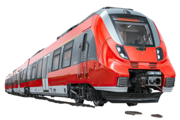 Modern passenger train, red and gray, on a track, front view