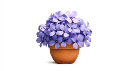 A vibrant cluster of purple flowers in a terracotta pot, perfect for enhancing designs related to nature, gardening, or floral themes in advertisements, websites, and publications,