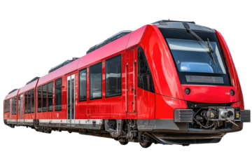 Modern, sleek, long, red passenger train with multiple windows