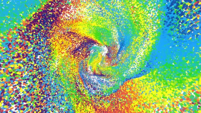 Looping abstract particle animation with vibrant rainbow-colored dots spiraling from the edges into the center, forming a dynamic vortex with smooth turbulent motion.