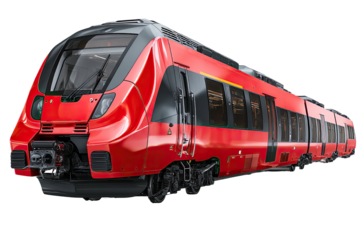 A side view depicts a sleek, streamlined, red passenger train with dark glass windows