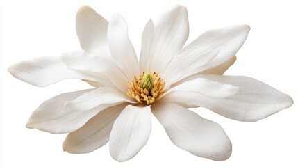 A delicate white flower with broad petals and a rich, yellow center, perfect for enhancing designs related to beauty, nature, or tranquility in various projects,