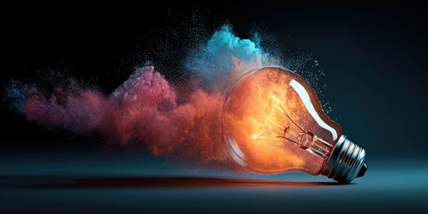 Bright glowing light bulb surrounded by colorful powder, representing innovation and brilliant ideas