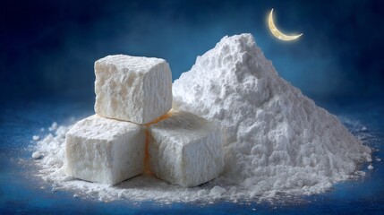 A pile of white sugar and a few cubes of sugar