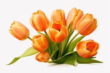 Obraz premium Vibrant orange tulips create a stunning bouquet against a clean white backdrop, celebrating the beauty of nature