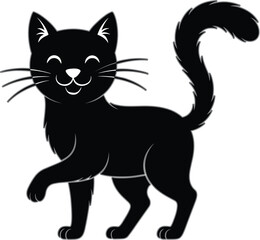 Obraz premium Cute black cat silhouette with smiling face and raised tail, simple cartoon animal icon design, playful pet character vector illustration isolated on white