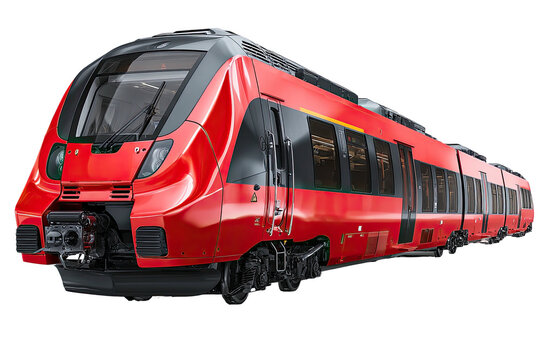 A side view depicts a sleek, streamlined, red passenger train with dark glass windows