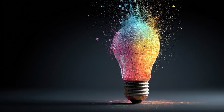 A vibrant explosion of colorful powder bursting from a lightbulb against a dark, moody backdrop - Powered by Adobe