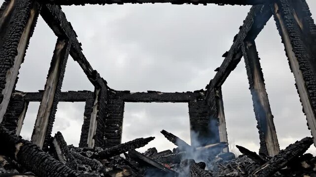 Burnt wooden house ruins with smoke rising from ashes. Charred remains of a building structure after a fire disaster. Smoldering debris and blackened timber frame