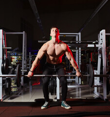 Muscular bodybuilder performing standing barbell upright rows in a gym.