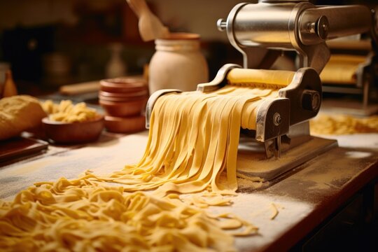Fresh pasta is being made with a traditional metal machine in a cozy kitchen