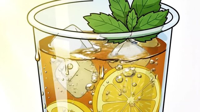 Refreshing Iced Tea with Lemon Slices and Mint Leaves in a Clear Glass Vector Illustration