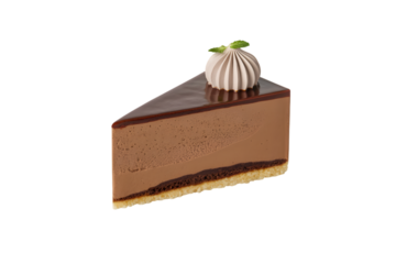 delicious slice of chocolate cake decorated with a swirl of cream and a mint sprig . Isolated on transparent background, png