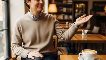 Man in beige sweater sitting in coffee shop gesturing