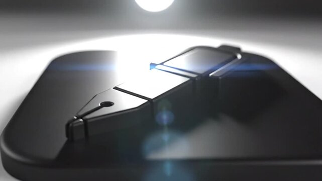 Sleek Black Wireless Computer Mouse with Bright Lens Flare on White Background, High-Tech Office Gadget