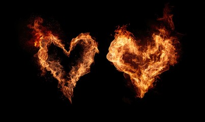 Two heart shapes constructed of fire, set against a stark black background for dramatic effect