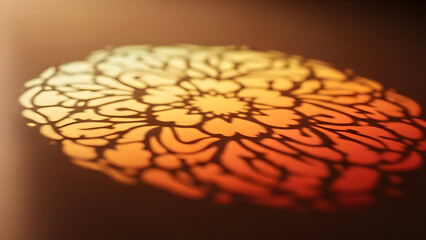 Intricate Mandala Pattern Bathed in Warm Light with Vivid Shades of Orange and Yellow Creating a Mesmerizing Shadow Effect on a Soft Background