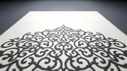 Intricate Black and White Ornate Pattern Design on a White Surface Featuring Elegant Curves and Geometric Elements with a Minimalist Background