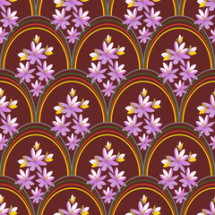 ​A seamless repeating pattern featuring stylized orange and yellow flowers and green leaves within a scalloped, Art Deco-inspired arch motif on a pale tan background.