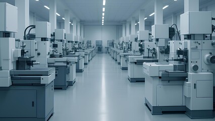 Modern industrial factory interior with aligned machinery and clean geometric layout under cold technological lighting