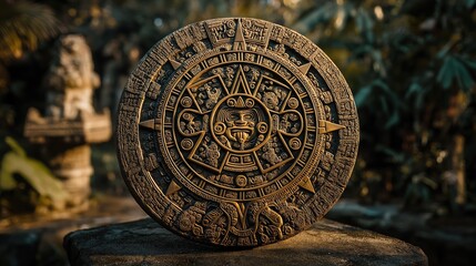Aztec Sun Stone Carving in Jungle