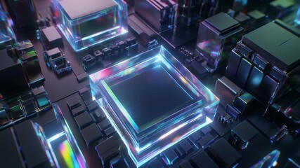 A close-up view of a high-tech circuit board with various components, showing a central processor, and neon-like colors - Powered by Adobe