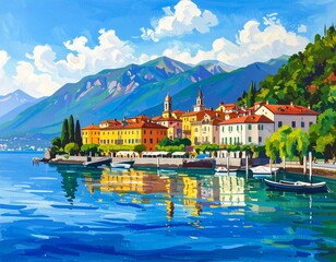 hand drawn gouache painting of lake como scenery. landscape painting with water, 