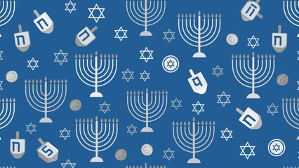Seamless pattern of Hanukkah symbols including menorahs, dreidels, and Stars of David.