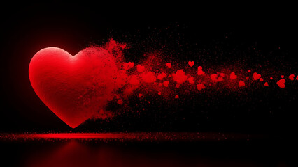 Red heart exploding into smaller hearts on dark background