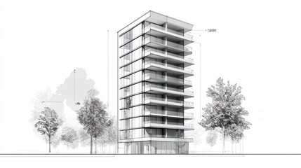 Architectural sketch of a modern high-rise building with trees in background, for design inspiration