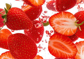 Juicy strawberries with ice cubes on black background