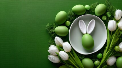 A plate with a green background and a white plate with a rabbit and eggs on it