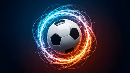 Fototapeta premium Dynamic glowing soccer ball with swirling energy light trails and fiery effects on dark background