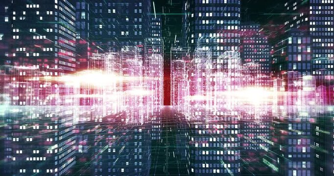 Wireframe skyscraper cityscape evolving into high tech data center footage. Digital virtual world 3D concept animation.