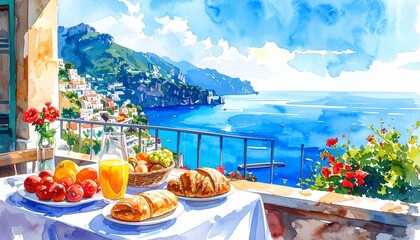 hand drawn watercolor painting of breakfast in Amalfi coast. romantic painting with