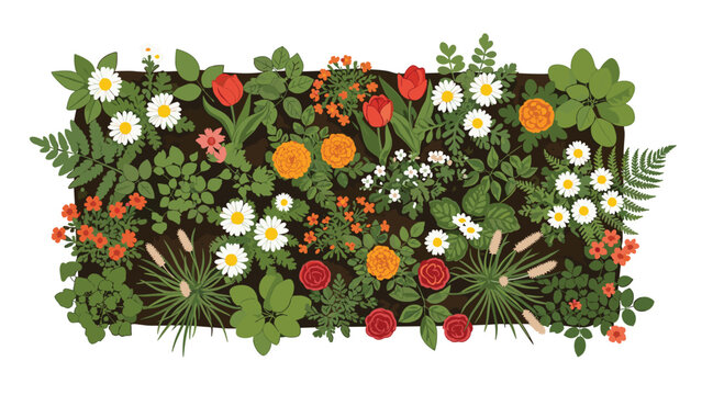 A top-down view showcases a rectangular flower bed densely packed with a rich variety of colorful flowers and lush green plants in brown soil.