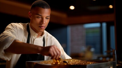 A technician analyzing waste cooking oil in a compact filtration unit at a restaurant, demonstrating how common kitchen waste transforms into clean biodiesel — circular economy innovation and local