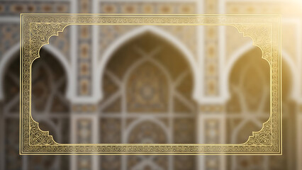 Ornate Golden Islamic Geometric Frame Overlay on Blurred Traditional Architectural Background with Arches