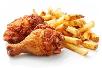 Crispy fried chicken drumsticks and french fries making a tempting combination on a clean white background