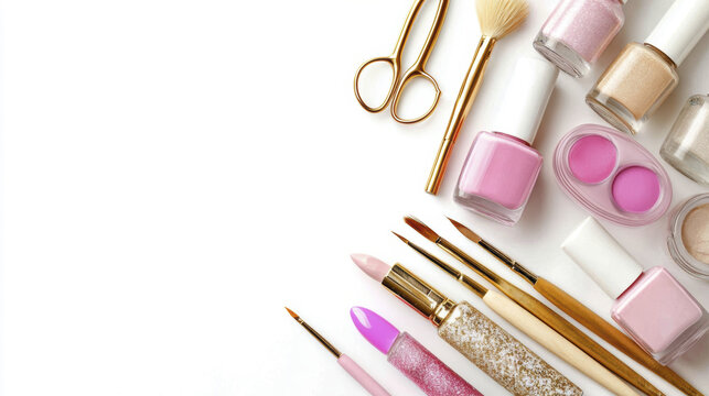 Elegant arrangement of nail polish, brushes, and beauty tools on white background