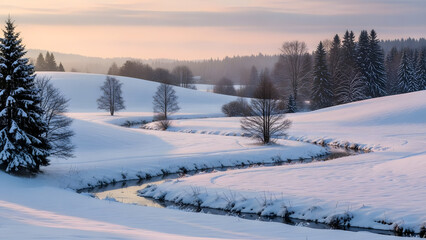 winter landscape with winding river through snow covered hills and forest at sunrise with soft pastel sky and pine trees pristine natural scenery quiet peaceful cold day