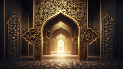 Intricate Golden Hallway With Arches And Geometric Patterns Illuminated By Bright Light