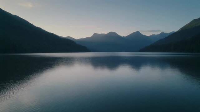 Stunning wide shot of a tranquil mountain lake reflecting majestic peaks under a soft, clear sky at dusk or dawn, creating a serene and breathtaking natural landscape view