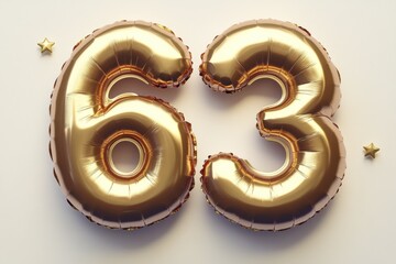 Golden balloon numbers 63 with star accents for celebrations and anniversaries