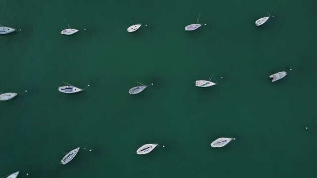 Top-down drone video of white motor yachts anchored in perfect geometric rows on Lake Garda, Italy, near Sirmione, Malcesine, Limone, Riva del Garda, Bardolino, and Desenzano, showcasing symmetry