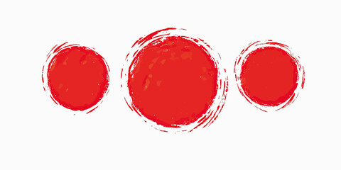 Set of three red hand drawn rough brush stroke circles with grunge crayon texture and irregular edges on white background for Japanese sun flag inspired design elements vector illustration