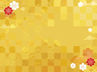 Golden japanese background with cherry blossoms and traditional checkered patterns
